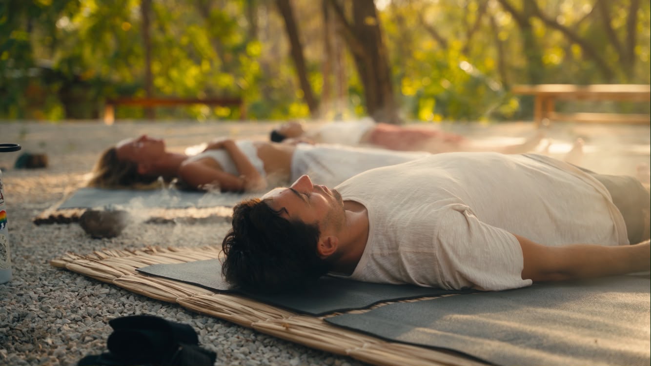 Participante descansando durante una práctica de Breathwork al aire libre